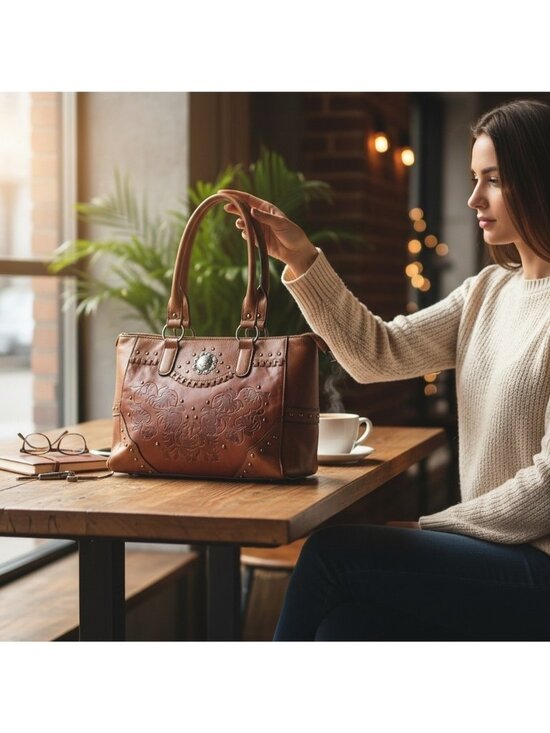 Lavawa Handbags - Lavawa Western Womens Leather Shoulder Tote Bag Purse Concealed Carry Pocket VTG